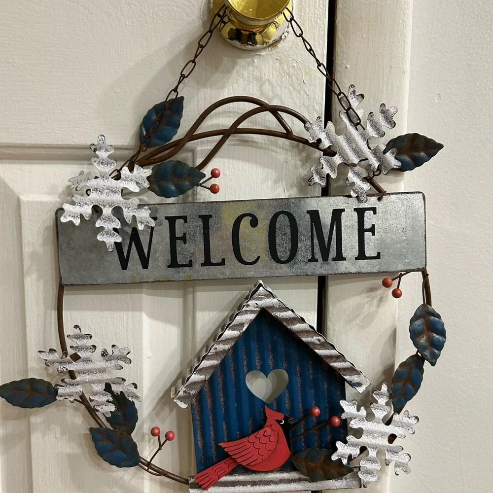 Welcome Holiday Wreath with Blue Birdhouse and Red Cardinal